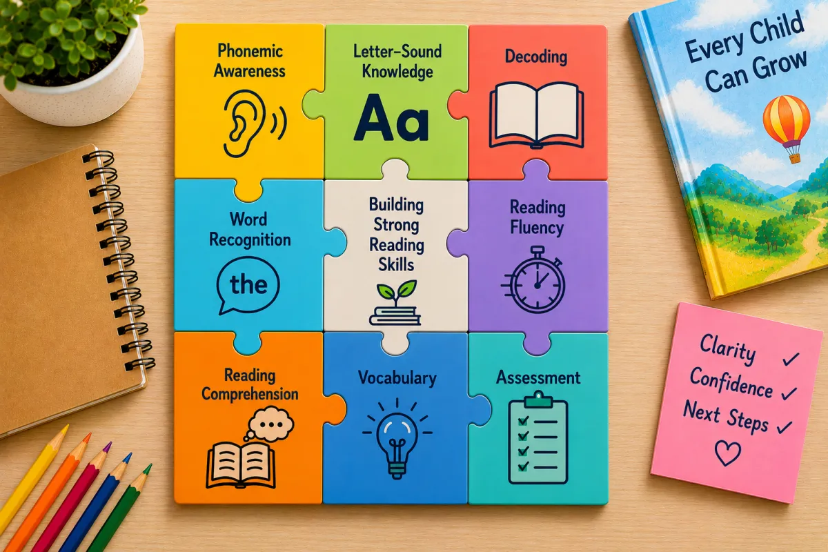 Puzzle representing the different reading skills that help create a complete picture of a child's reading development.
