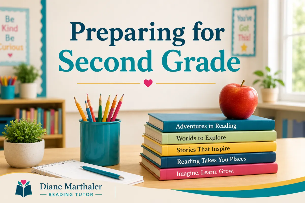 Children's books and school supplies on a classroom desk representing the reading skills children continue developing as they prepare for second grade.