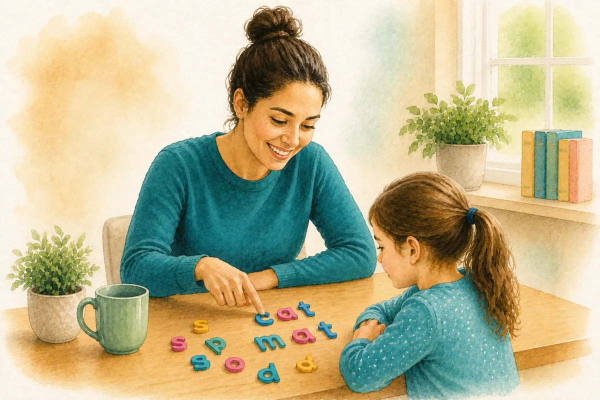 Parent helping a young child practice early reading and letter activities at home