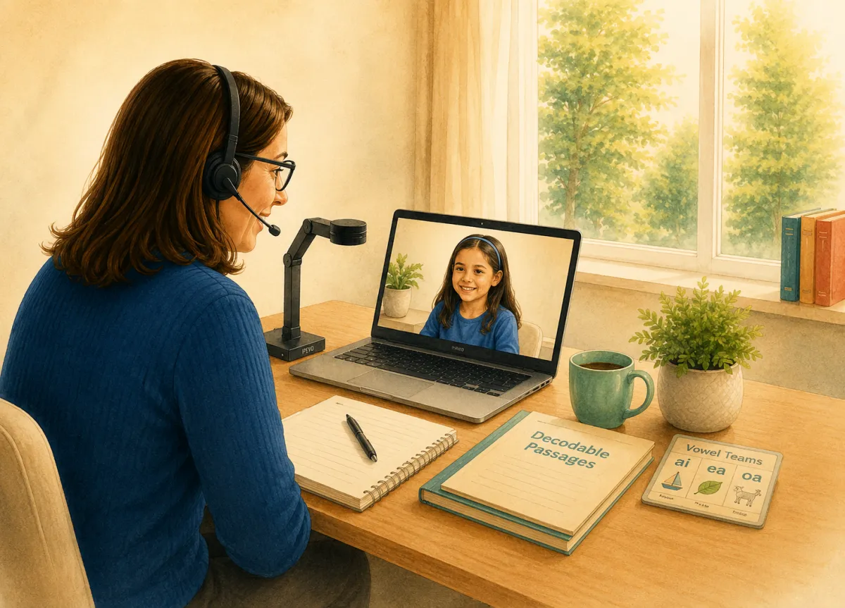 Online reading tutor meeting with an elementary student during a virtual tutoring session