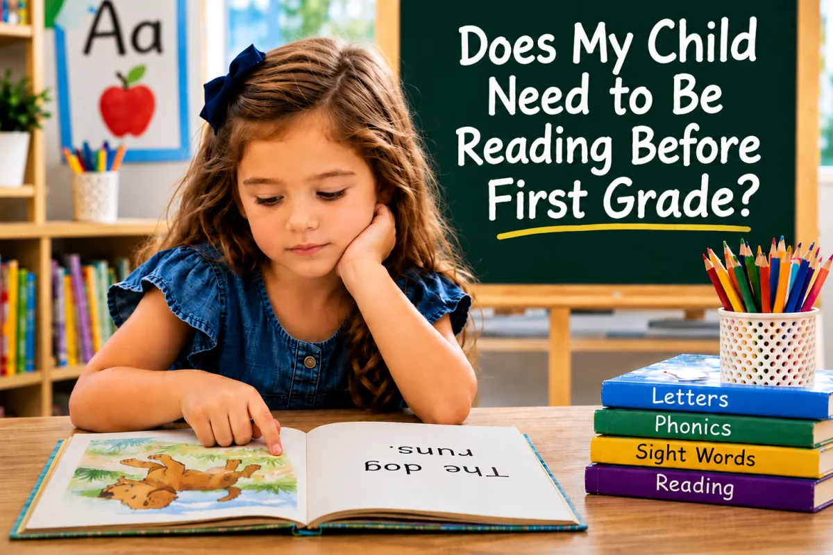 Young girl reading a simple book in a classroom, illustrating whether children should know how to read before first grade.