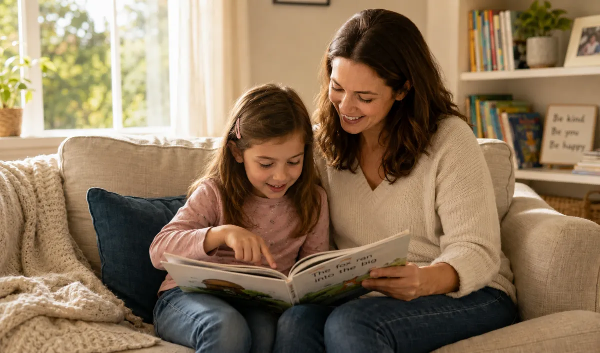 Parent reading with young child on a couch while supporting early reading development.