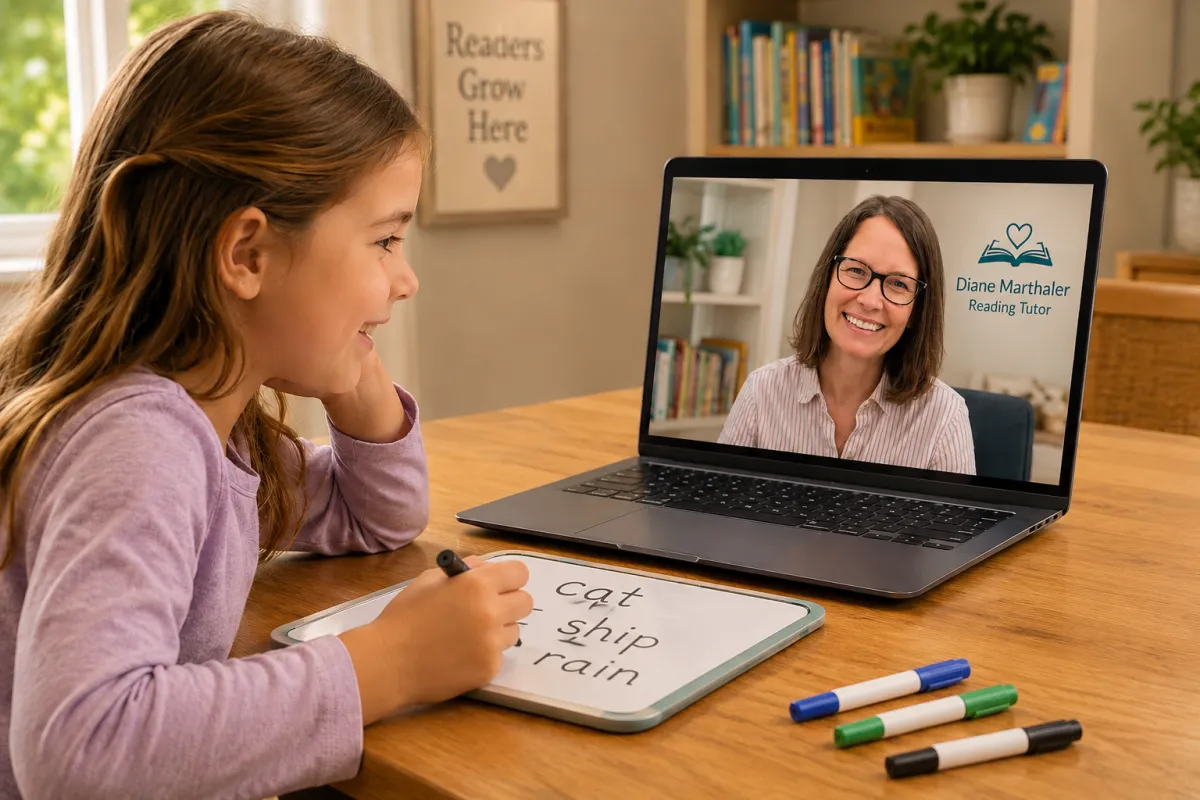 Student participating in an online reading tutoring session with Diane Marthaler Reading Tutor.