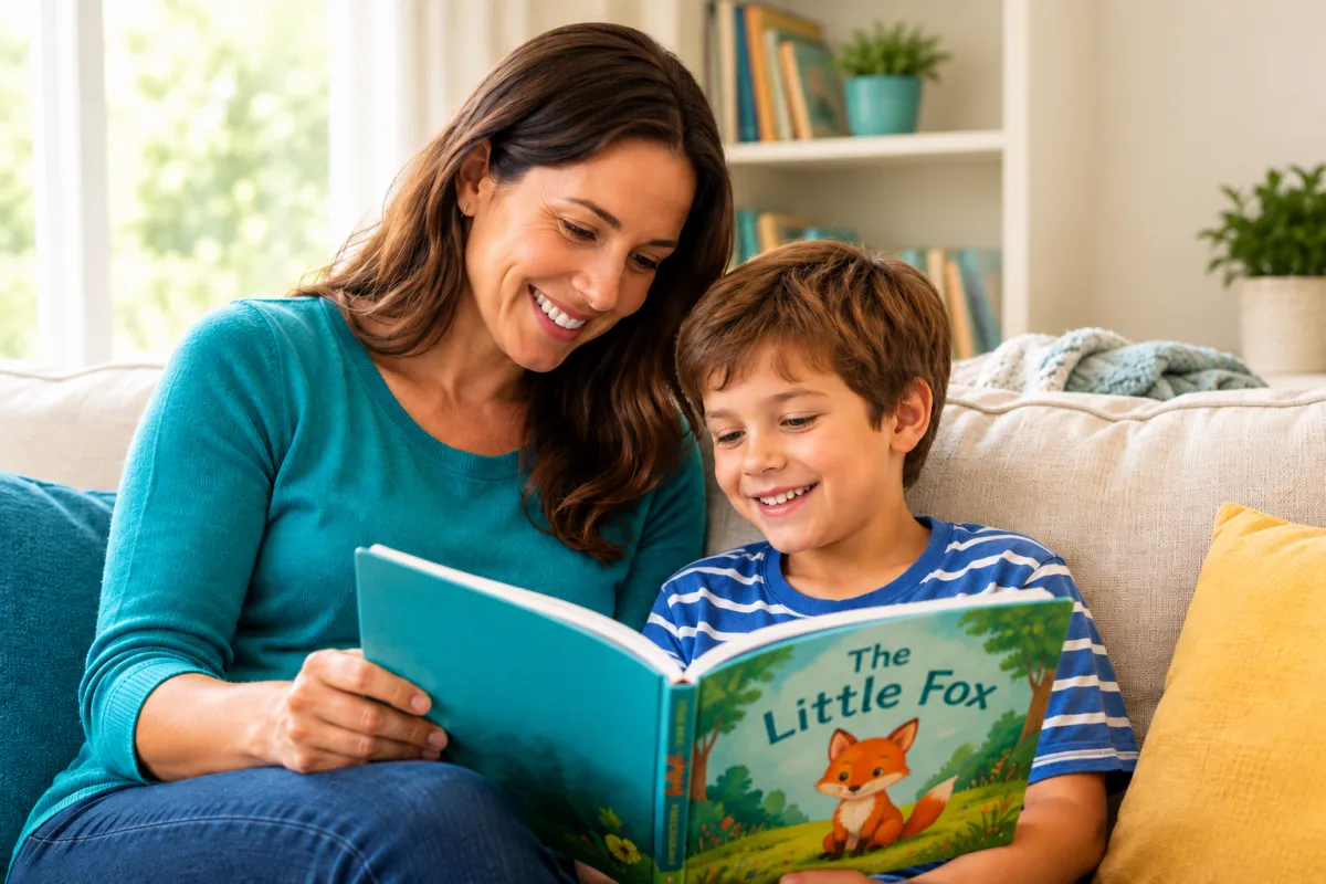 Parent and child reading a book together on a couch at home.