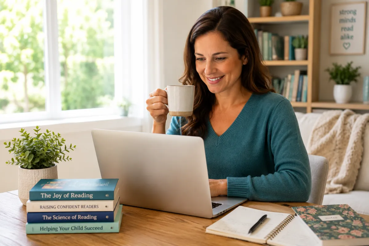 Parent using a laptop and enjoying a cup of tea while learning about children's reading development.