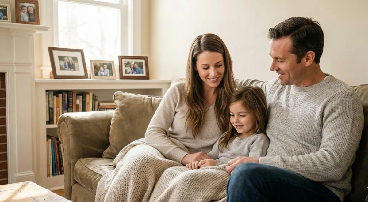 Business professionals conversing in a modern office hallway.