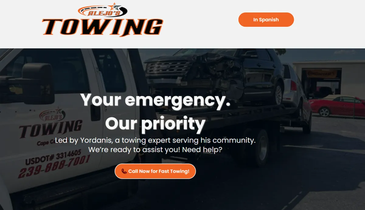 logo and business info of ALEJO’S TOWING INC. Located at  243 Se 2nd Ter, Cape Coral, FL, 33990