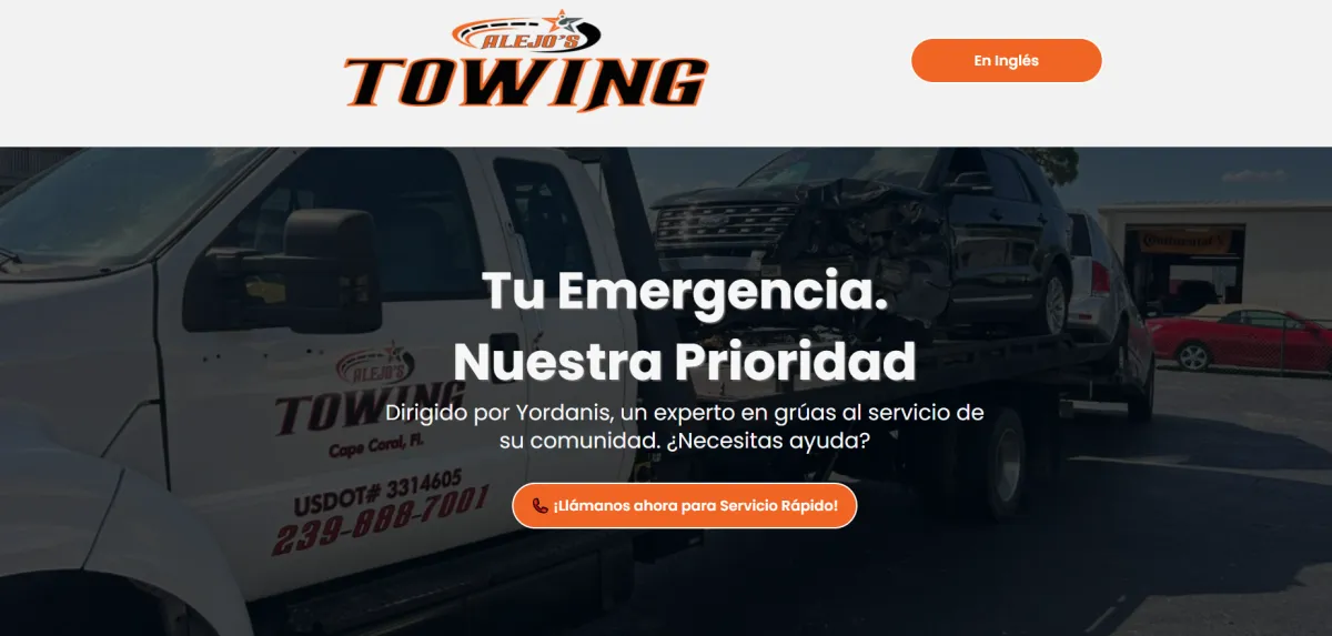 Logo e información de contacto de ALEJO’S TOWING INC. Ubicado en 243 Se 2nd Ter, Cape Coral, FL 33909