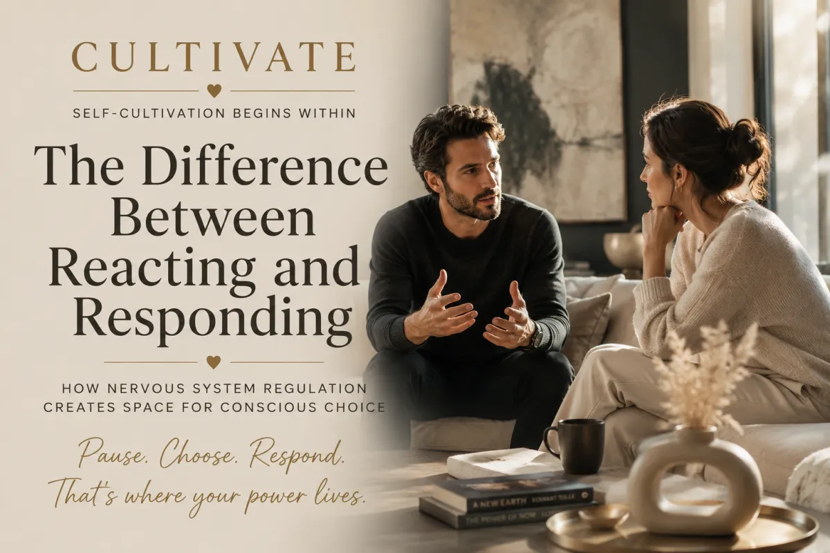 The Difference Between Reacting and Responding, illustrating conscious choice, emotional regulation, and self-awareness.