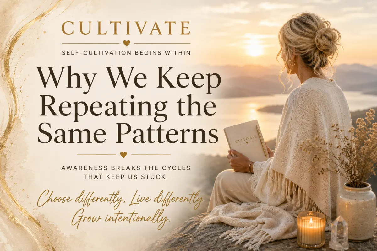 Why We Keep Repeating the Same Patterns, representing self-awareness, unconscious patterns, healing, and personal growth.