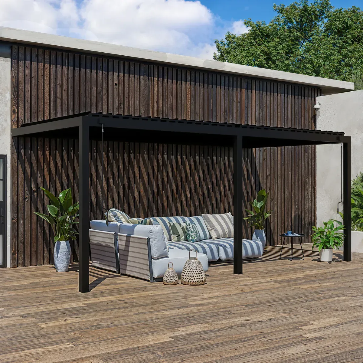 Wooden backyard pergola with dark roof and mesh screens surrounding an outdoor dining area.