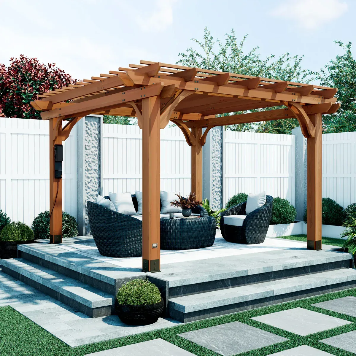Cozy wooden pergola with fire pit and patio seating in a landscaped backyard.