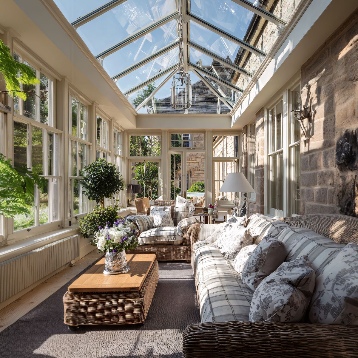 Cozy screened-in sunroom with wicker seating, ceiling fan, and views of colorful autumn trees