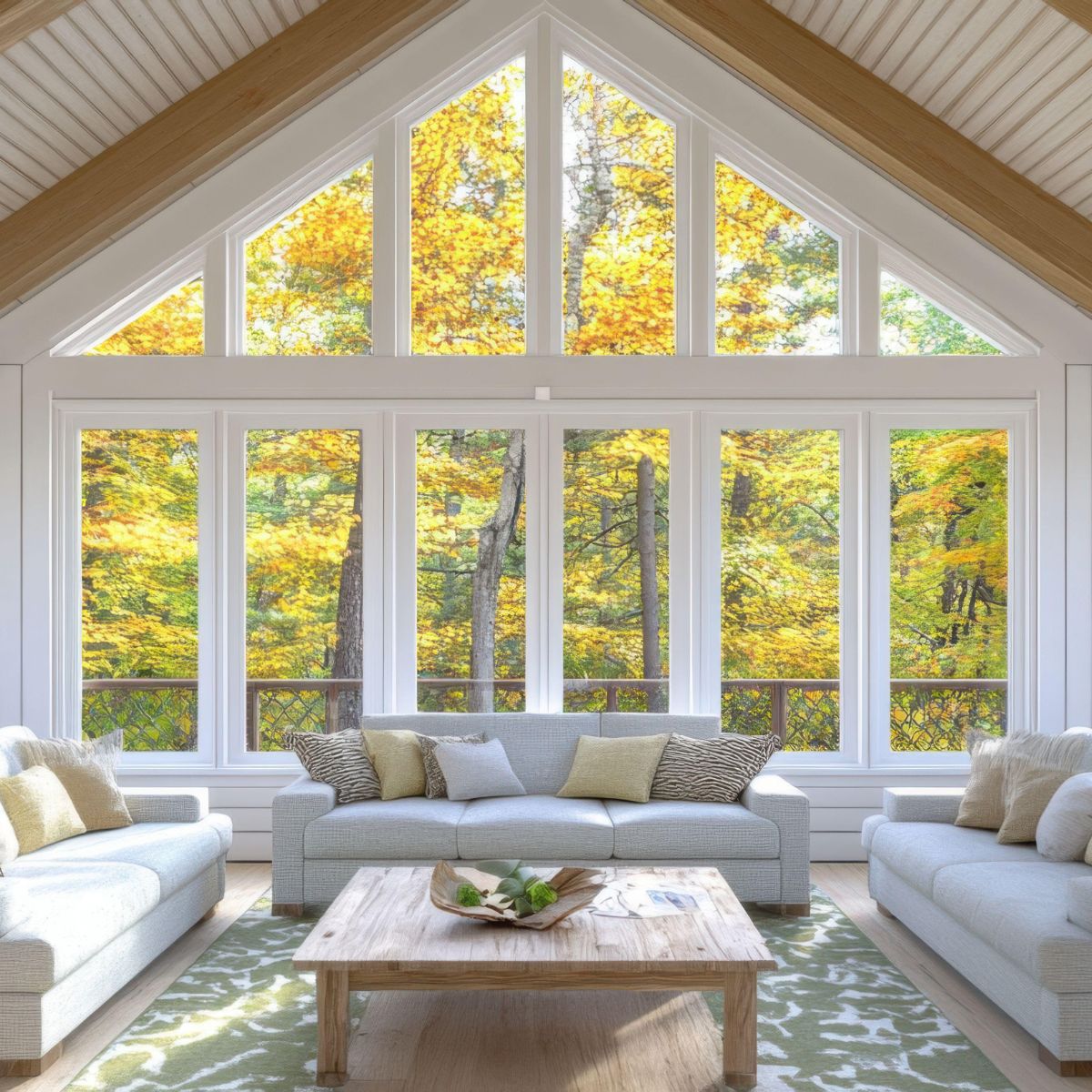 Cozy screened-in sunroom with wicker seating, ceiling fan, and views of colorful autumn trees