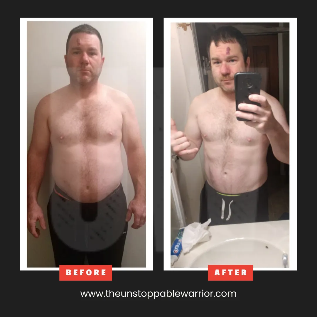 Before and after male body transformation – lost belly fat through online coaching