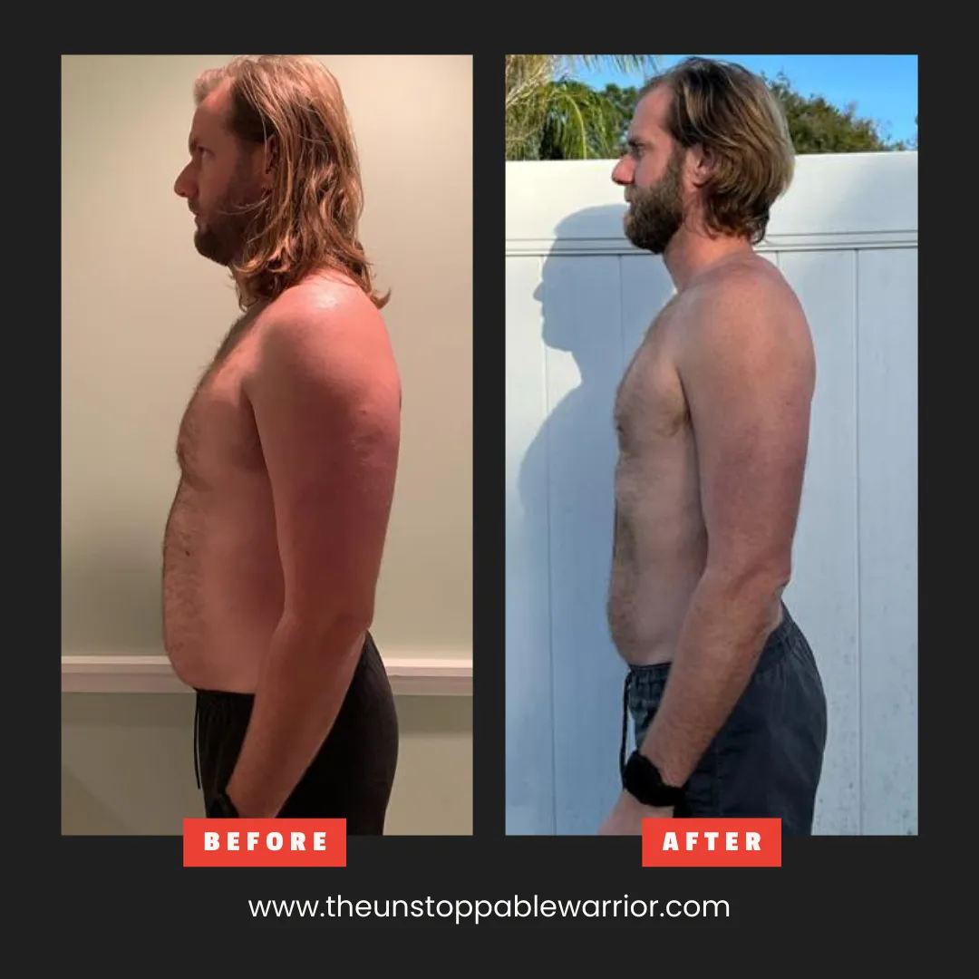 Side view body transformation – muscle gain and fat loss in online fitness program