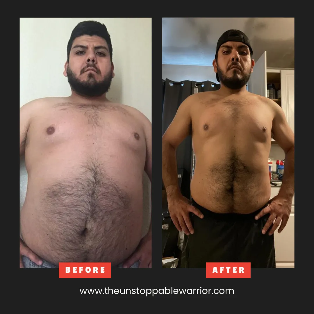 Stomach fat reduction – male client shows powerful before and after fitness change