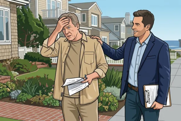 The homeowner is tensed, so a realtor is calming him down.