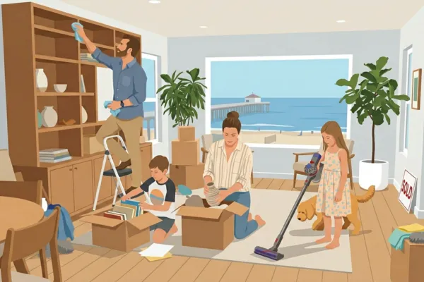 A happy family packing things up after selling their Manhattan beach home.