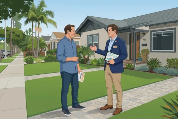 A man is trying to sell his house, a realtor is guiding him by sharing selling strategy.