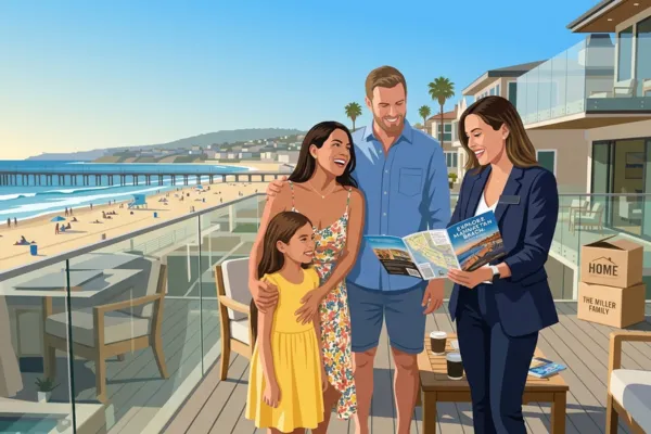 A family recently relocated to MB. A realtor is guiding them about the city.