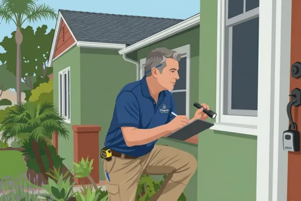 A home inspector is checking the windows of a house.