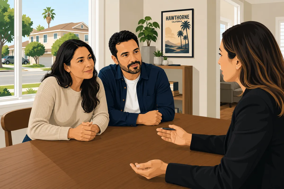 Homeowners are discussing about selling their house with a realtor.