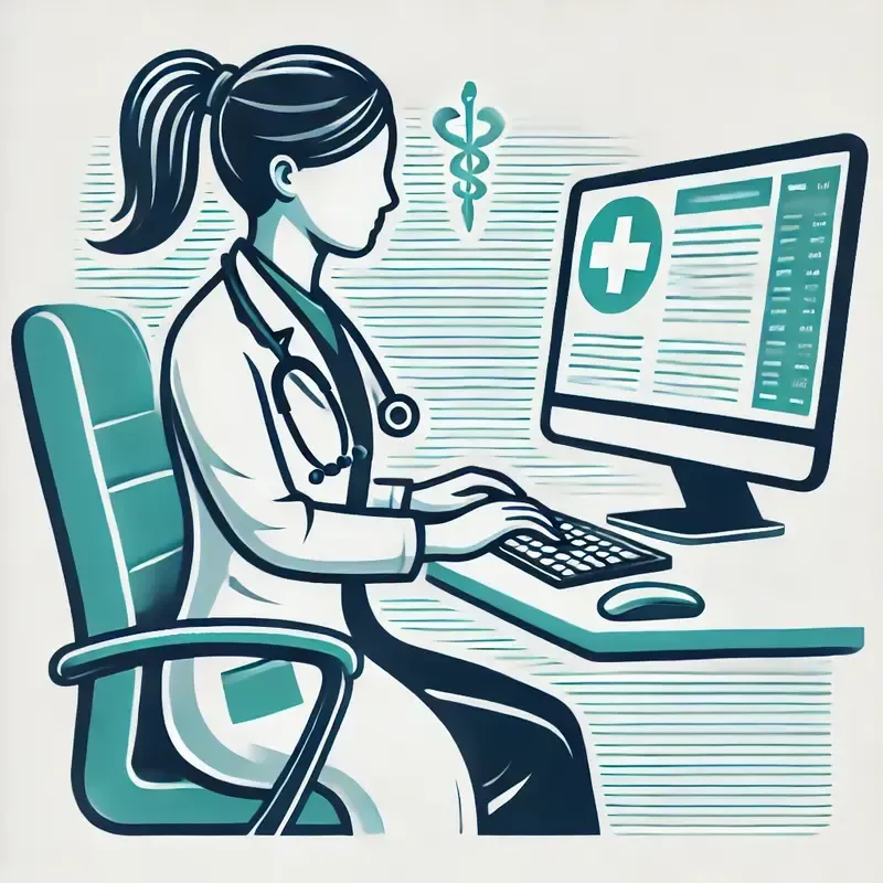 Female virtual assistant wearing a white lab gown, sitting at a desk and working on medical transcription and documentation.