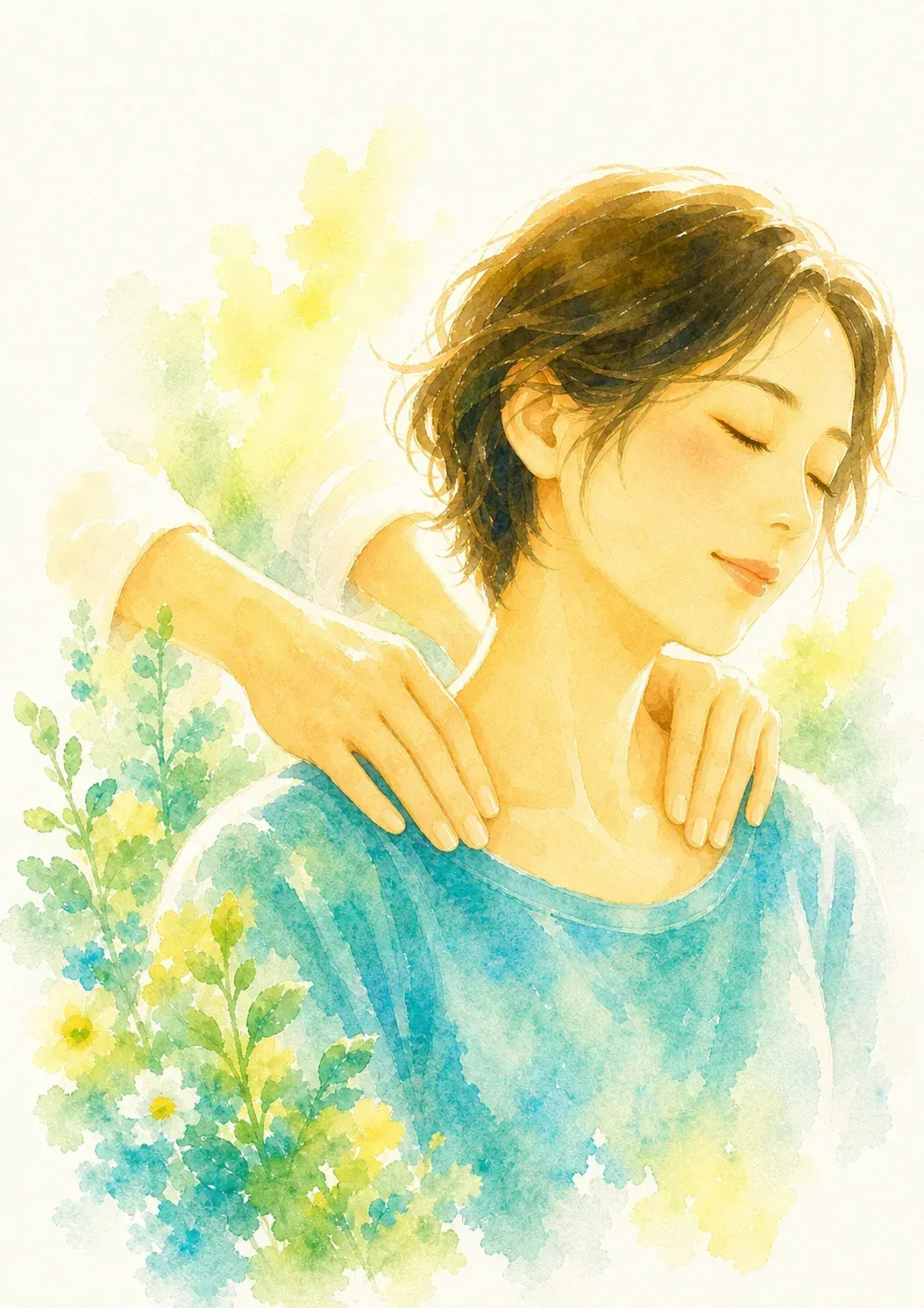 全身へ手をかざして調整する施術の水彩画