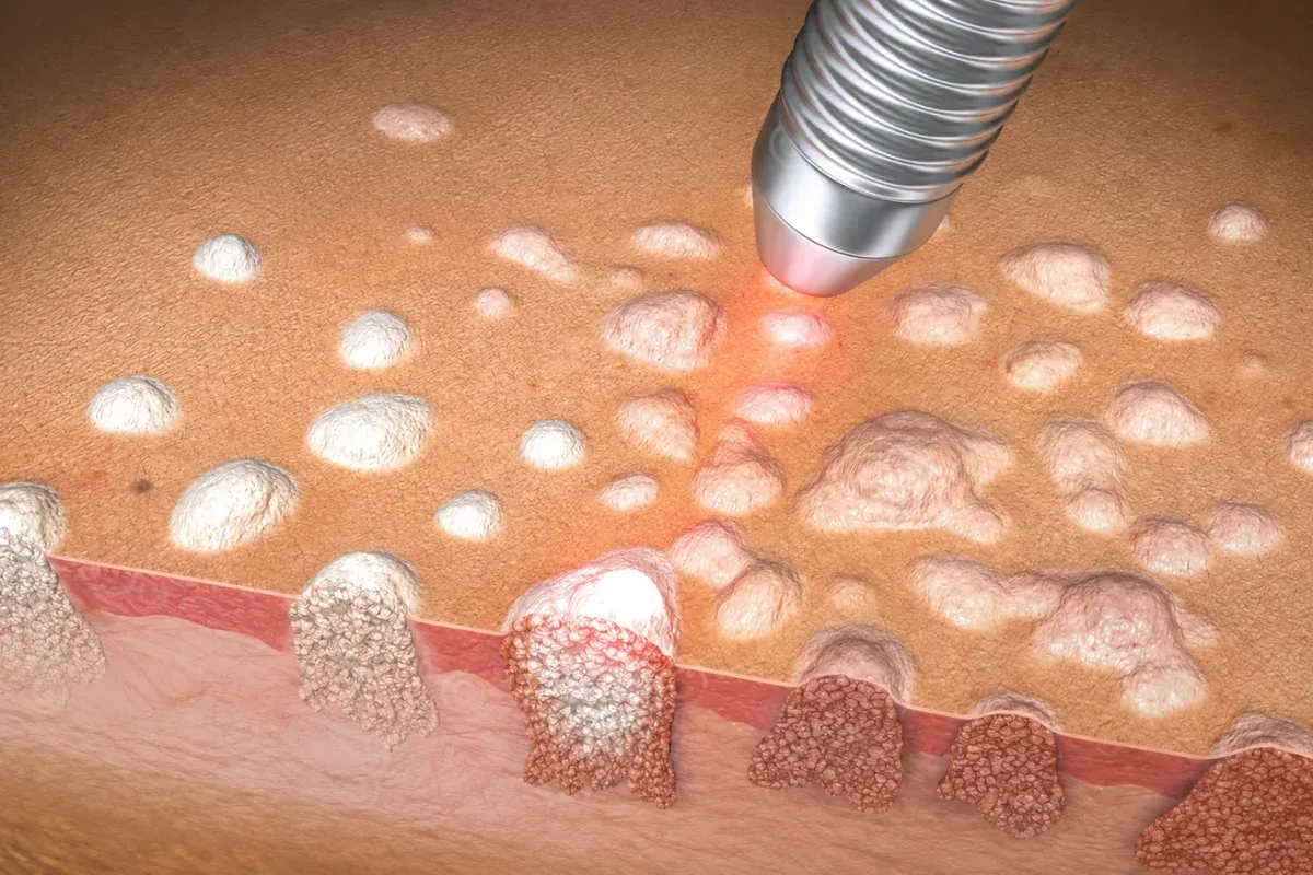 Close-up illustration of laser therapy targeting genital warts caused by HPV, showing precise removal of wart tissue while preserving surrounding skin.