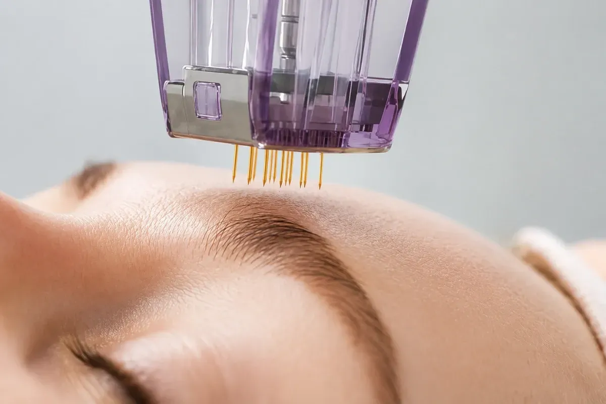 Extreme close-up of gold-tipped Morpheus8 microneedles hovering directly over a patient's skin before entering the dermal layer