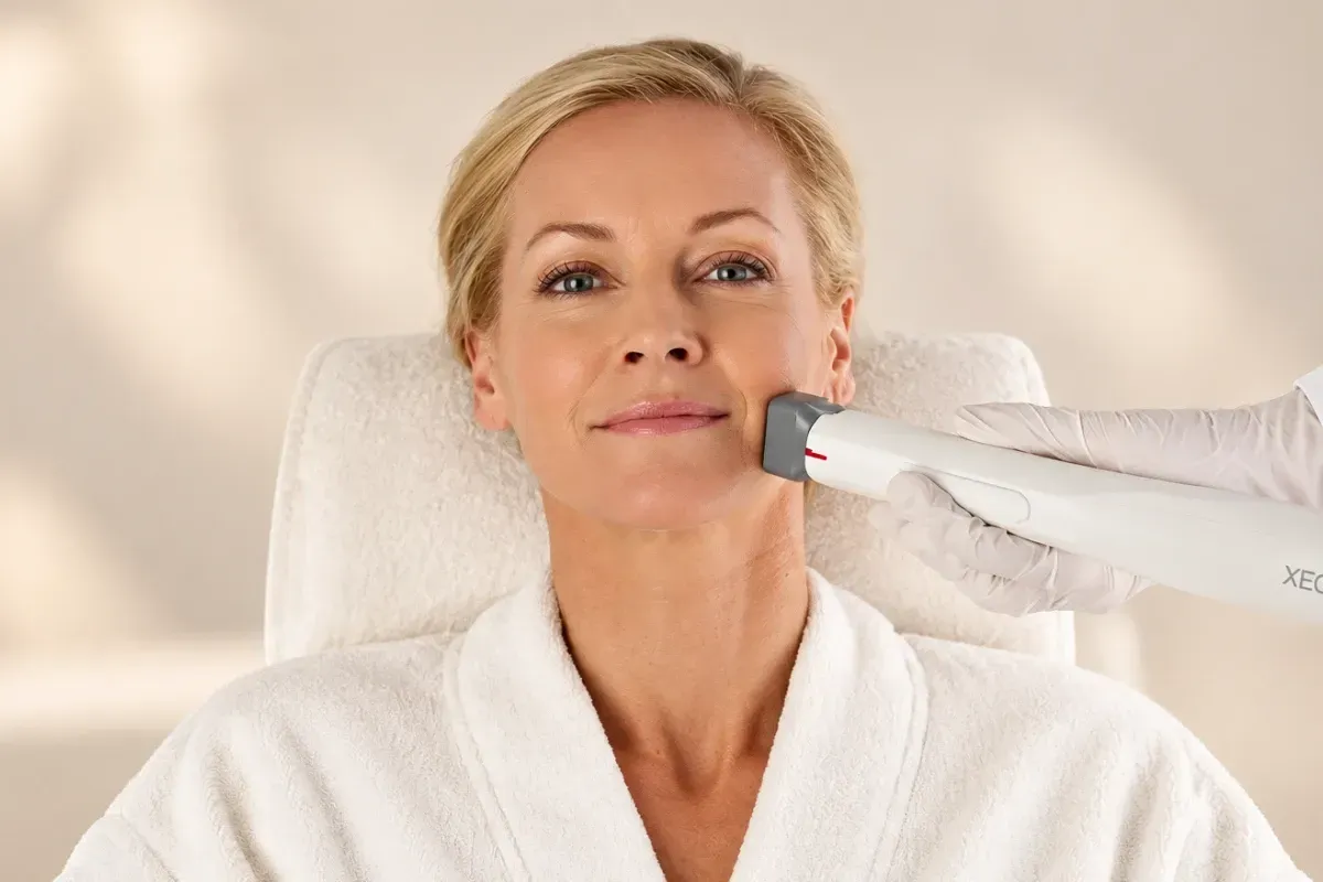 Patient receiving a comfortable, needle-free XERF radiofrequency skin tightening session on the cheek and jawline