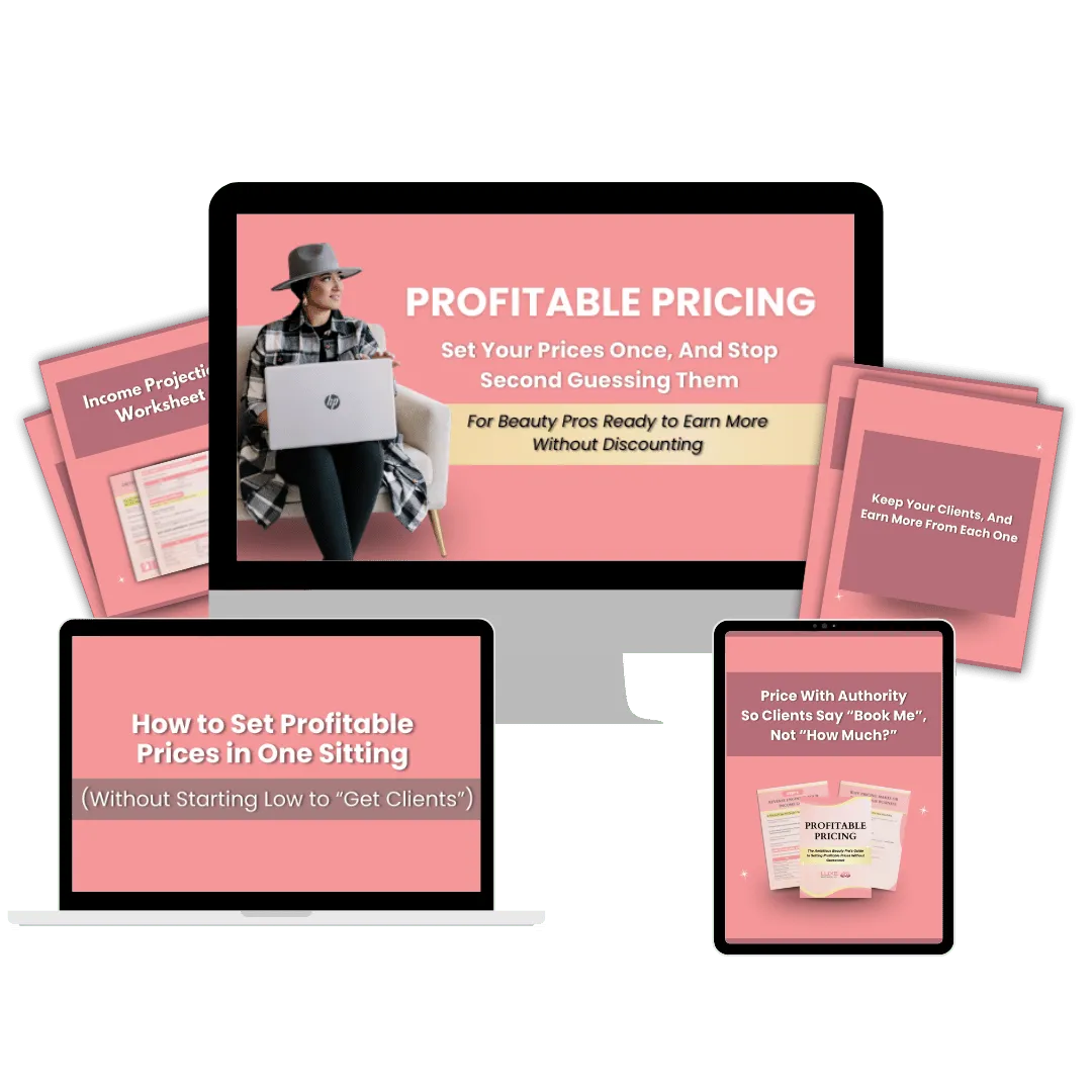 Confident Pricing course materials for beauty professionals, showing Luxe Beauty & Body Co.’s guide to setting profitable prices with clarity and confidence.