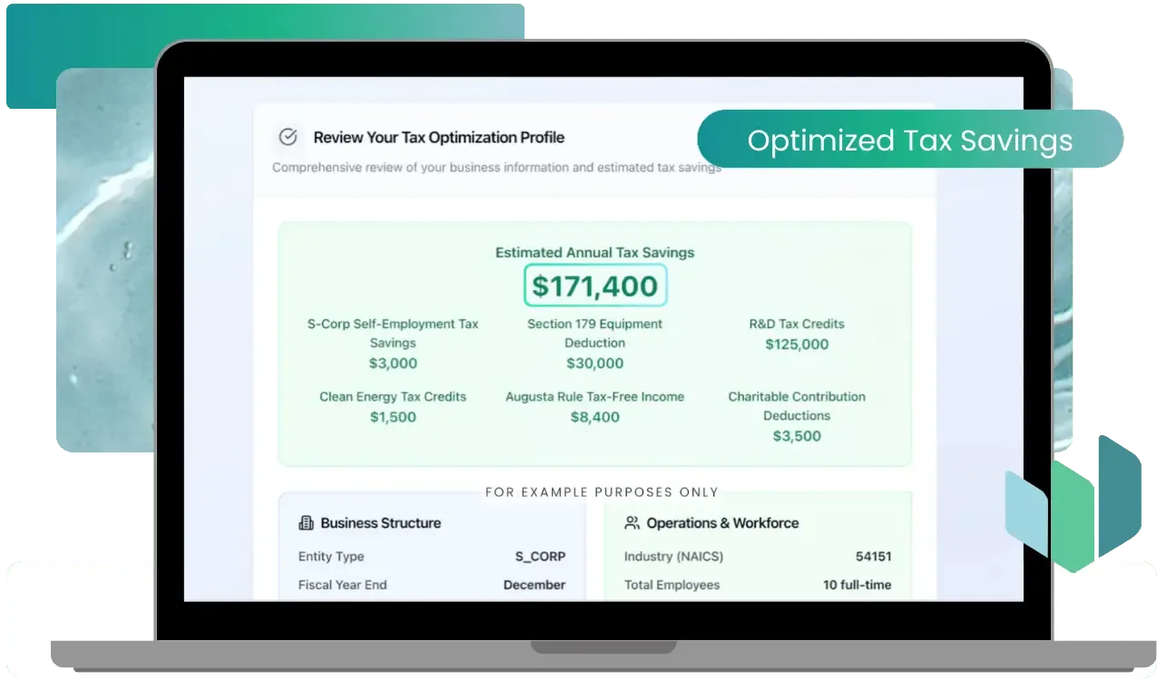 TaxSmart AI accountant dashboard showing automated tax credit analysis and IRS-compliant reports. Includes estimated savings for S-Corp businesses across categories like R&D tax credits, Section 179 equipment deductions, clean energy credits, charitable contributions, and Augusta Rule tax-free income. AI-driven CPA platform for managing clients and maximizing tax strategy.