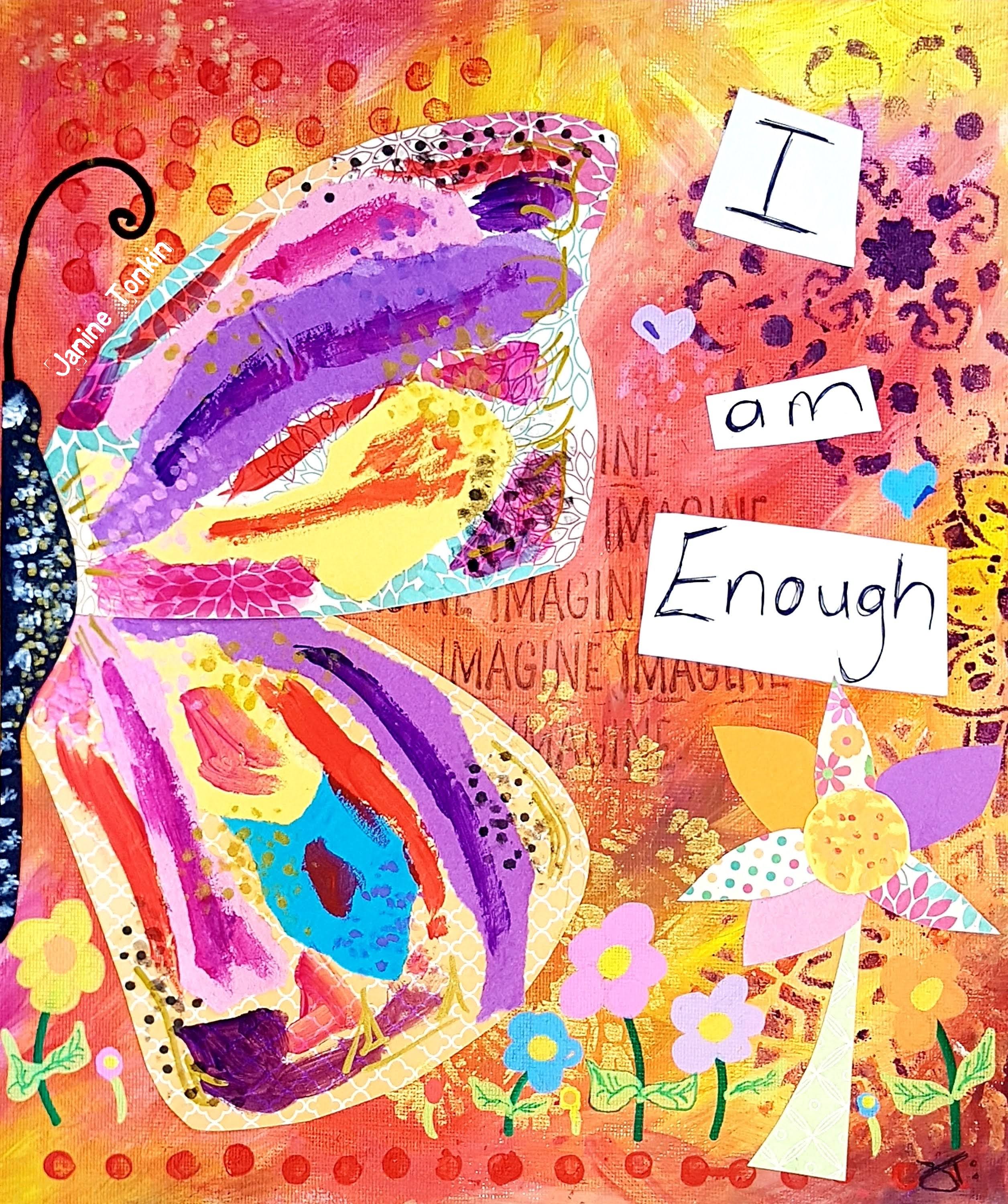 Janine Tonkin™ original mixed media butterfly artwork with affirmation from the artist's 2020 collection, celebrating empowerment, healing, and the artistic language behind the Wild & Wonder™ Framework.