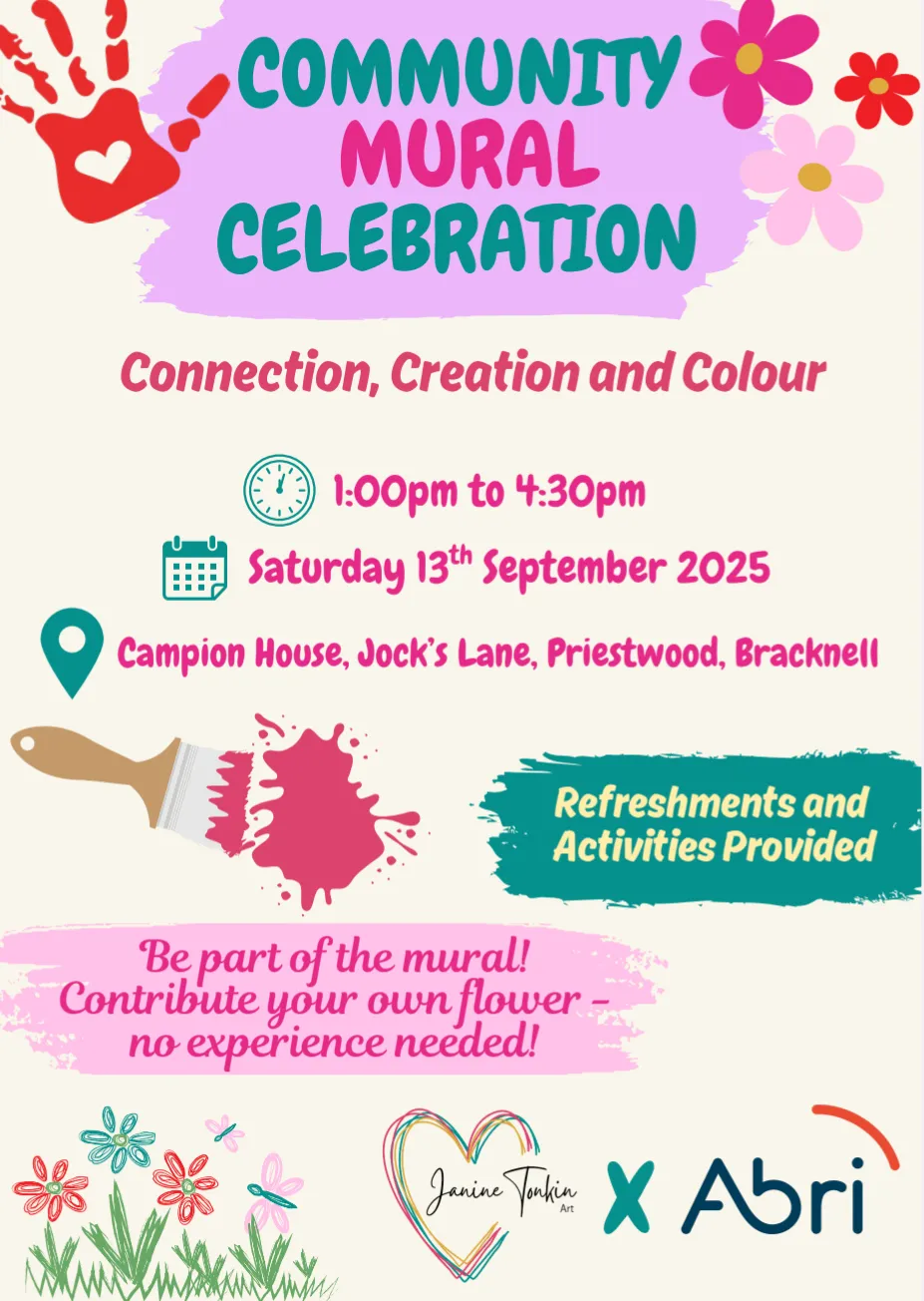 Wind and Wonder Cmmunity Murl Celebration for ampion House Mural reveal in Bracknell, Inviting residents to take part in a community art celebration, Paint your yown flower on the wall organised with Abri and Janine Tonkin Art