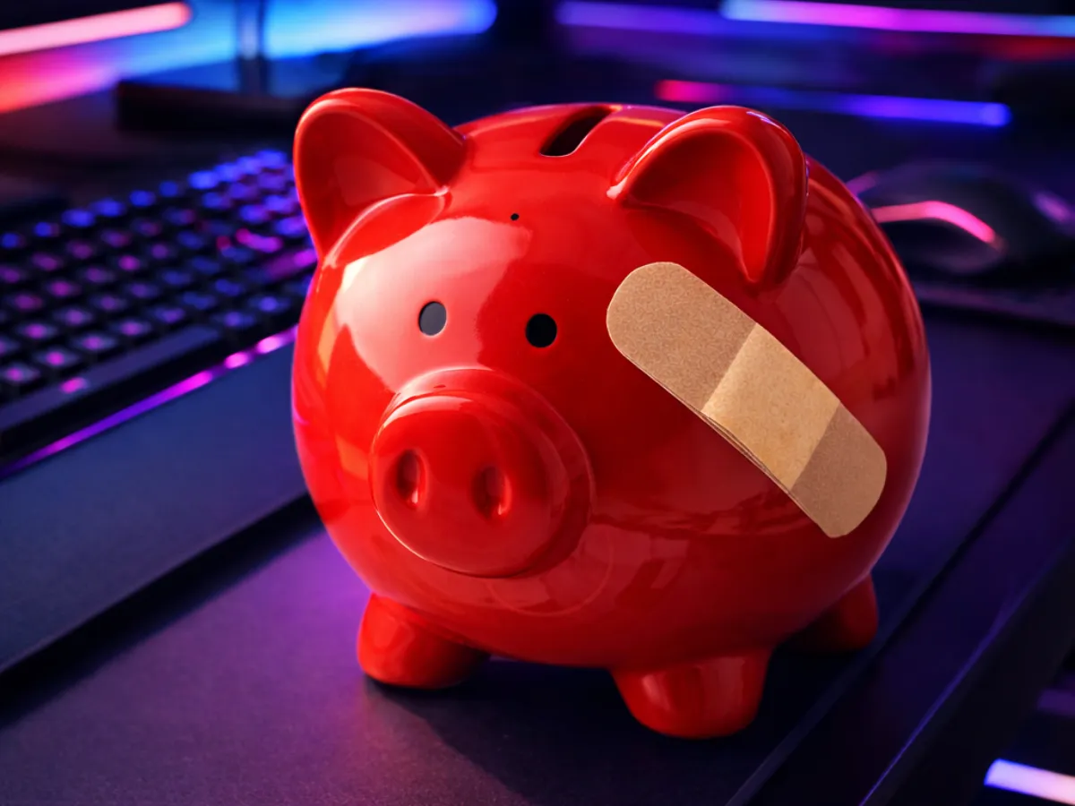 Red piggy bank with a bandage on a modern desk setup with LED lights, representing financial preparation and smart planning before divorce in New Jersey.
