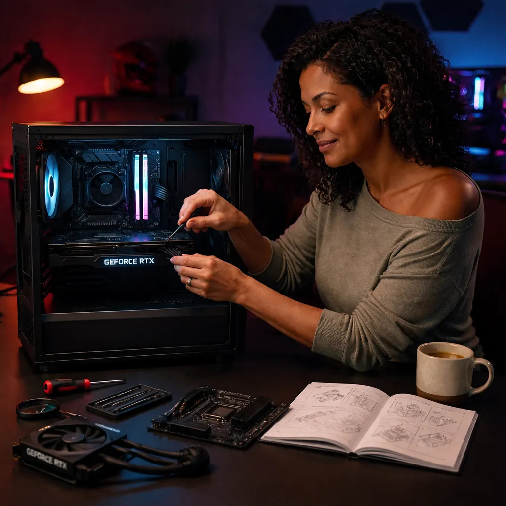 Black woman assembling a high-end gaming PC in a modern workspace, representing strategic preparation and smart DIY divorce planning in New Jersey.