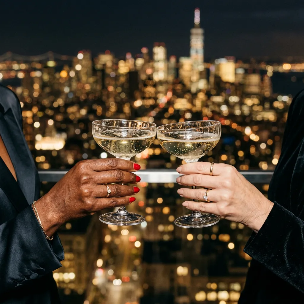 Two women’s hands, one Black and one white, clinking champagne coupe glasses at a rooftop bar with city lights in the background, symbolizing celebration, new beginnings, and confidence in midlife.