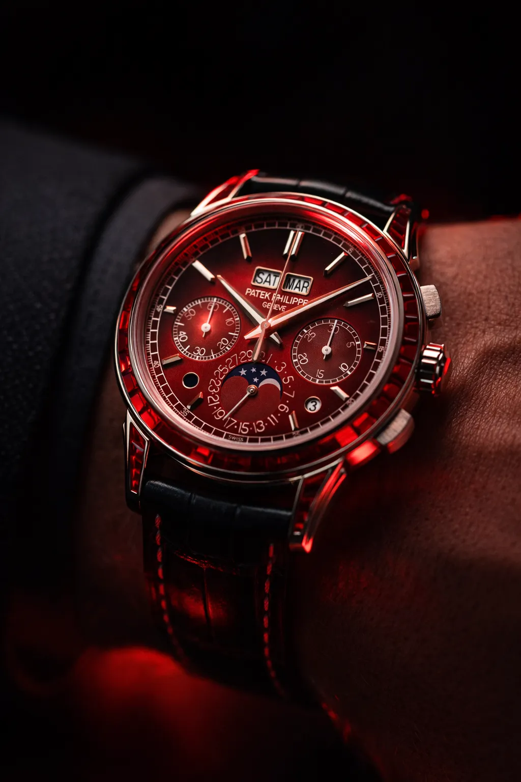 Luxury wristwatch with a red dial on a person’s wrist under dramatic lighting, symbolizing time, control, and the cost of hourly billing.
