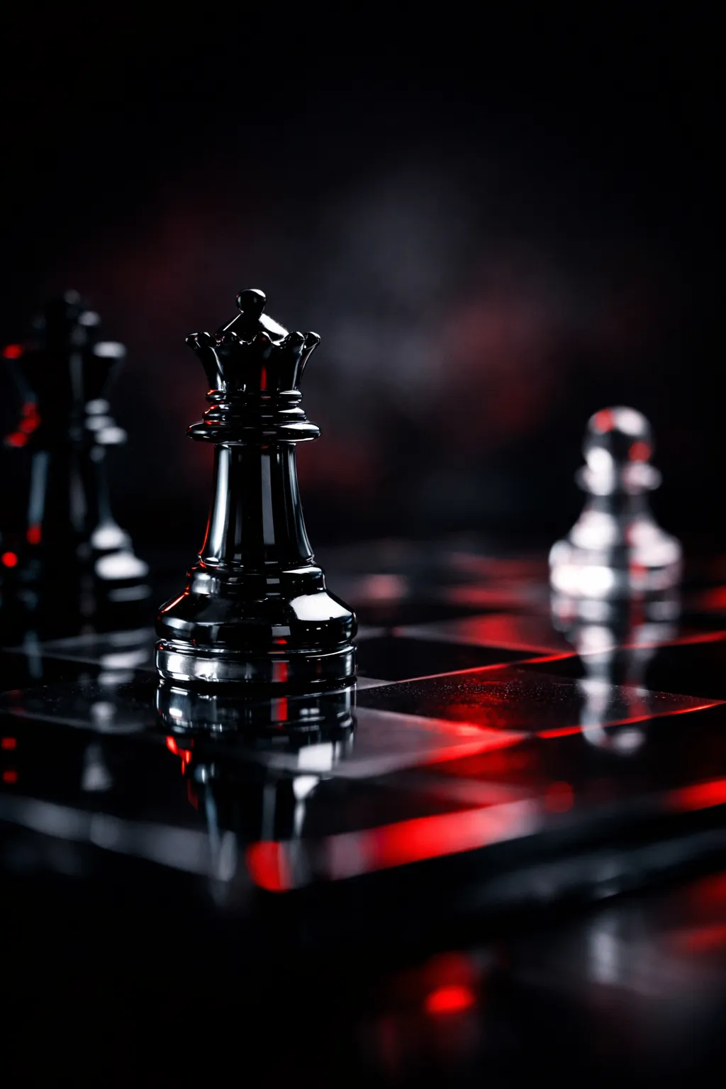 Glass chessboard with a queen piece in focus under dramatic lighting, representing strategic co-parenting decisions for parents of teens after divorce in New Jersey.