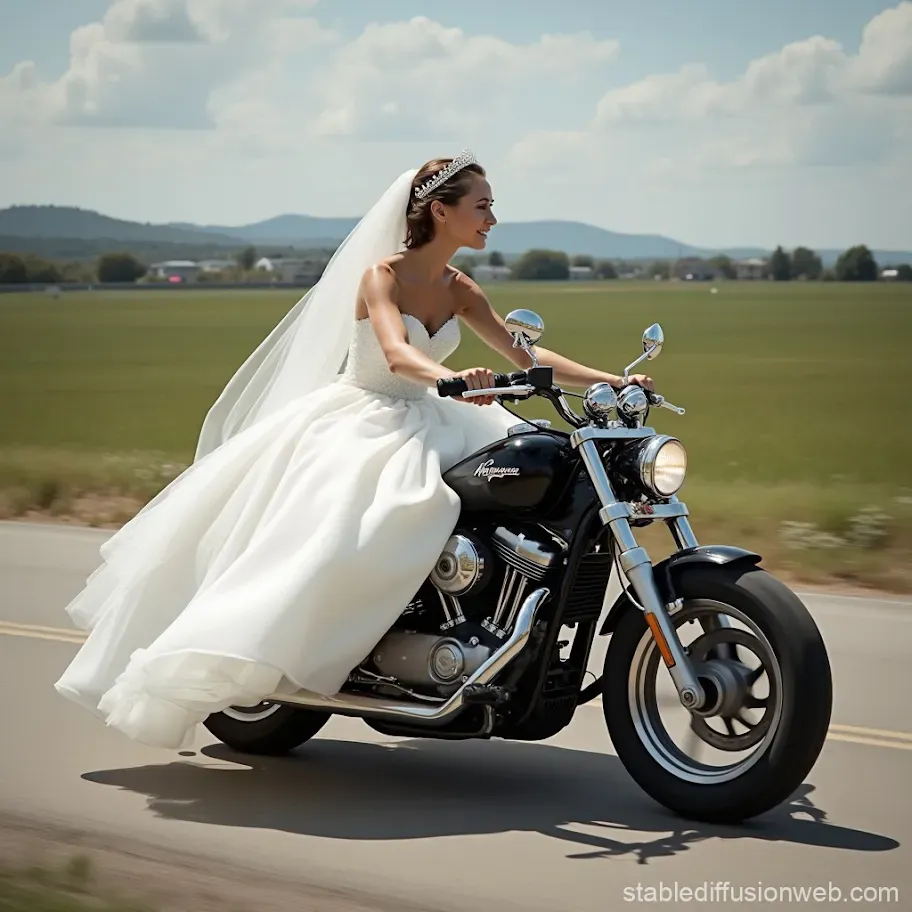 Bride in a wedding dress riding a motorcycle on an open road, symbolizing independence, modern marriage, and taking control of your financial future.