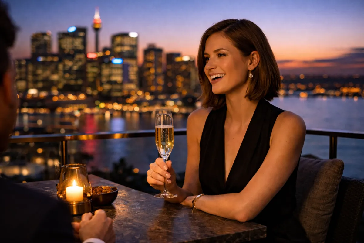 Stylish woman enjoying champagne at a rooftop bar at sunset overlooking a city skyline, representing confidence, independence, and life after divorce