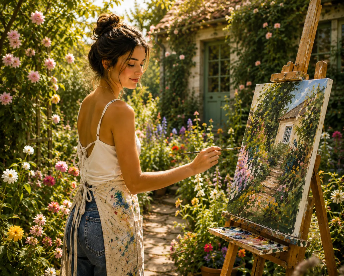 Woman painting on a canvas in a sunlit flower garden beside a cottage.