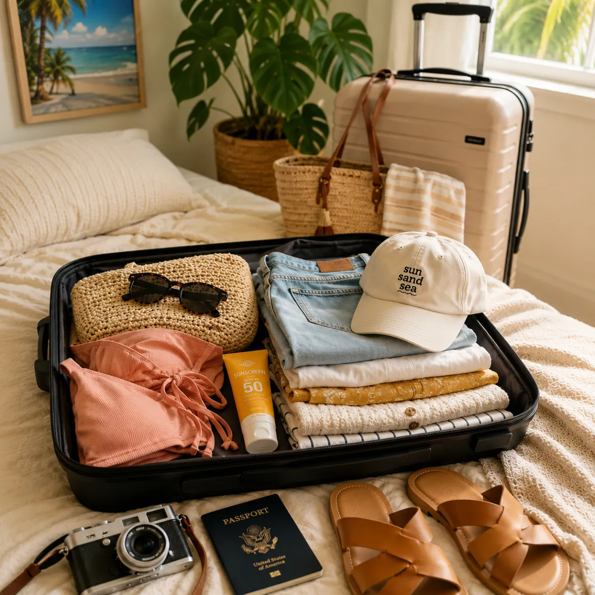 Packed suitcase with vacation clothes, passport, camera, and beach essentials on a bed.