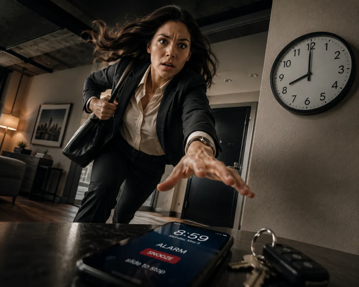 Professional woman rushing towards her phone, running late for work in city apartment setting.