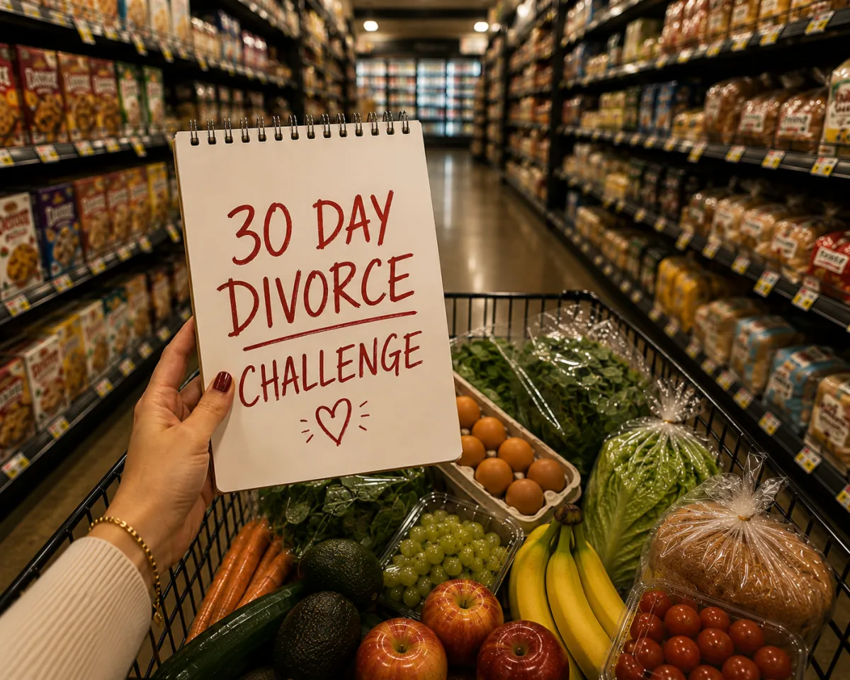 Business woman at a grocery store, with a shopping cart full of groceries looking at a notepad with the words "30 Day Divorce Challenge" written on it."