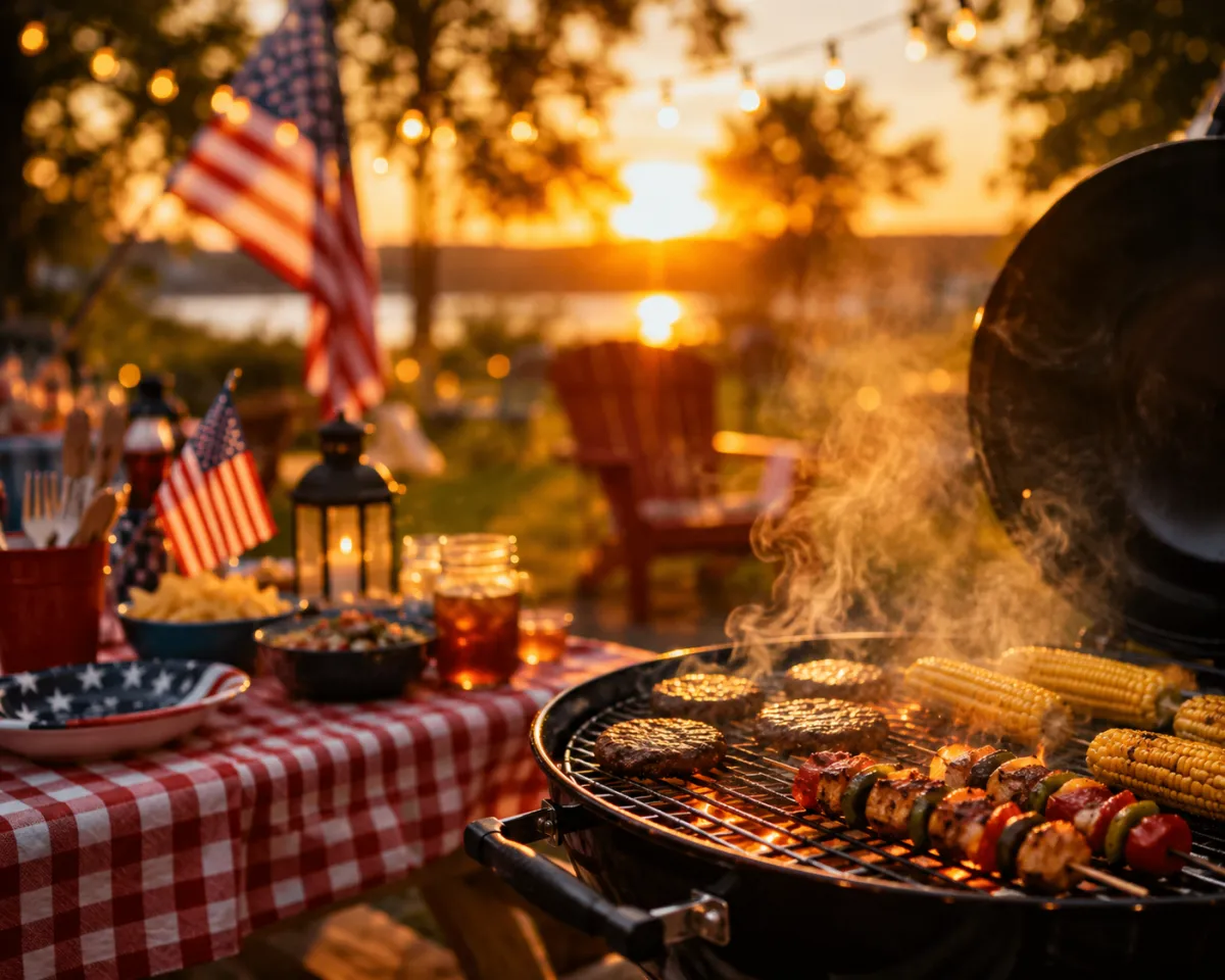 A charcoal barbecue grill filled with burgers, grilled corn, and colorful vegetable skewers sits at the center of a cozy backyard cookout during golden hour.