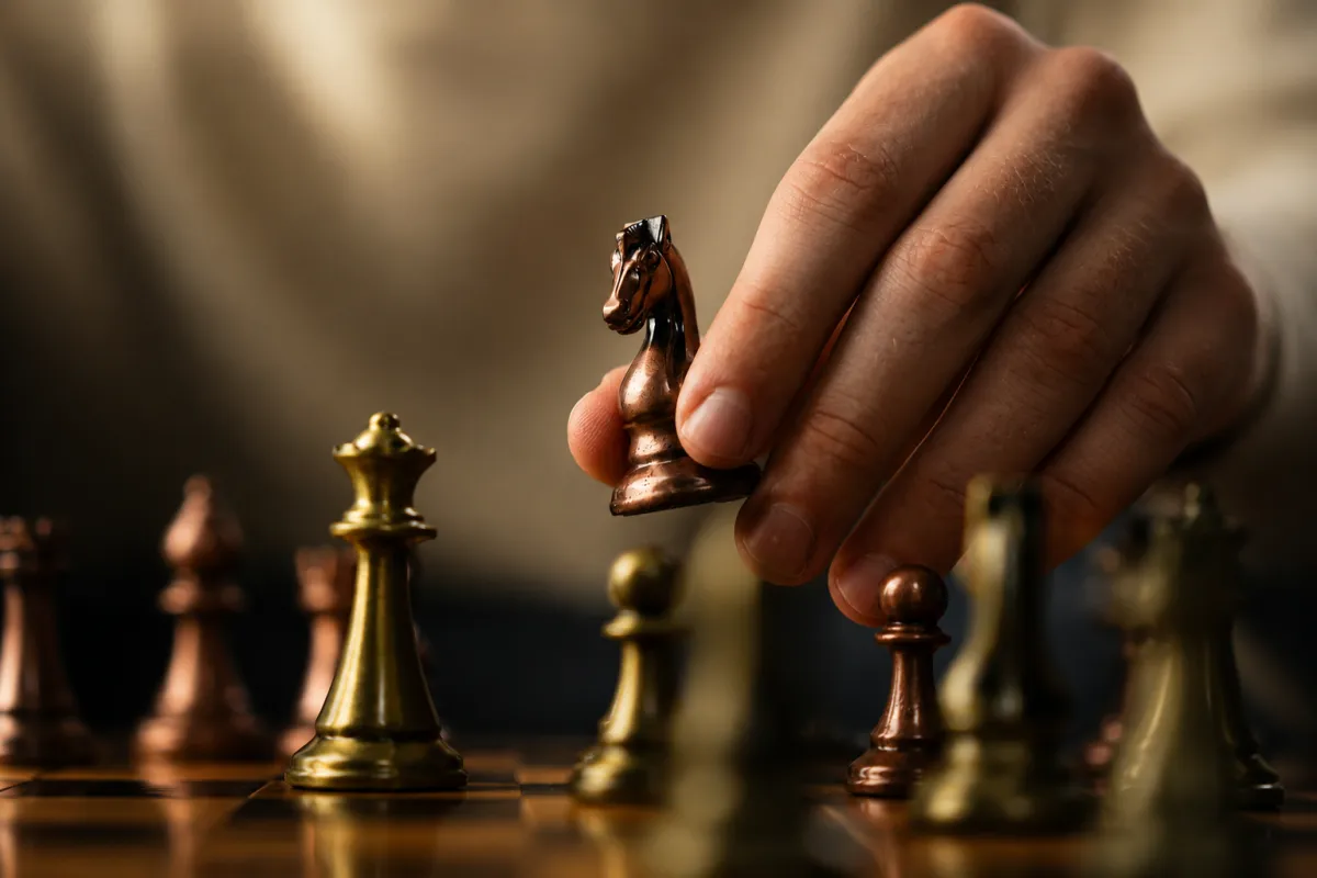 Close-up of a hand moving a knight across a chessboard