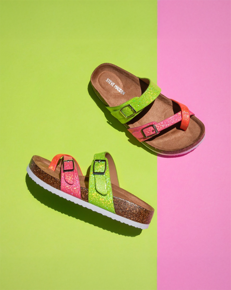 Two brightly colored Steve Madden sandals Lifestyle Photography